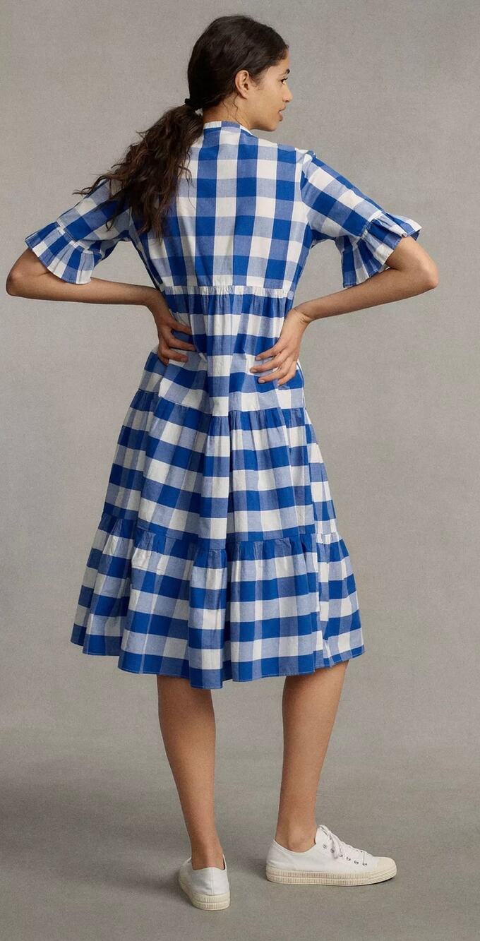 Anthropologie WHIT TWO Gingham Tiered Midi Blue White Check Plaid cottage nwt